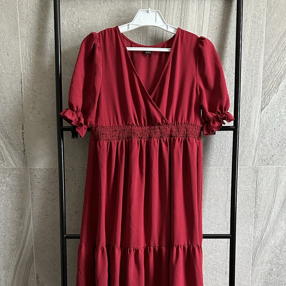 SHEIN Maternity Surplice Neck Flounce Sleeve Layered Hem Dress  |  XS